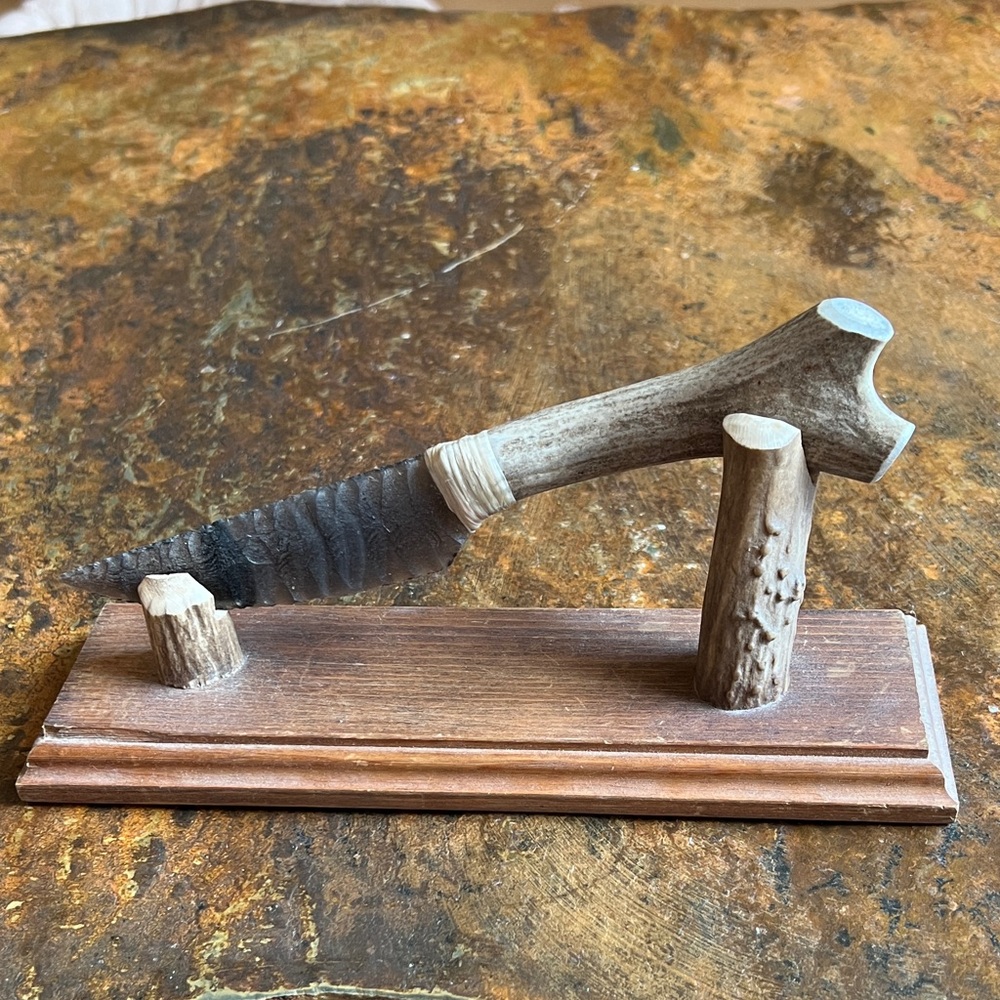 Handcrafted Rustic Antler and Stone Knife and Display Stand  - Brown